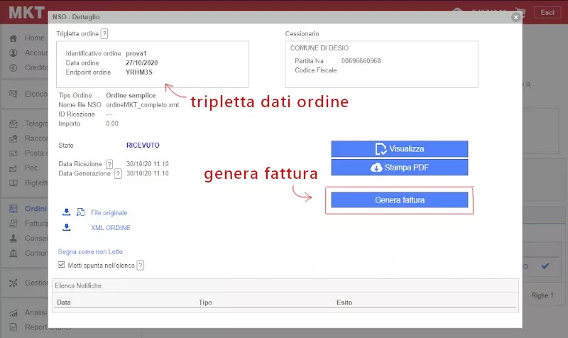 Creare fattura elettronica con tripletta ordine NSO genera fattura pulsante genera fattura per creare fattura elettronica con tripletta ordine NSO